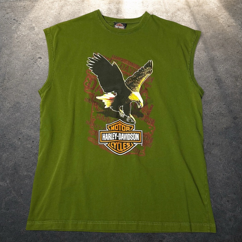Harley-Davidson Eagle Graphic Sleeveless Muscle T-Shirt Green Mens Large Retro